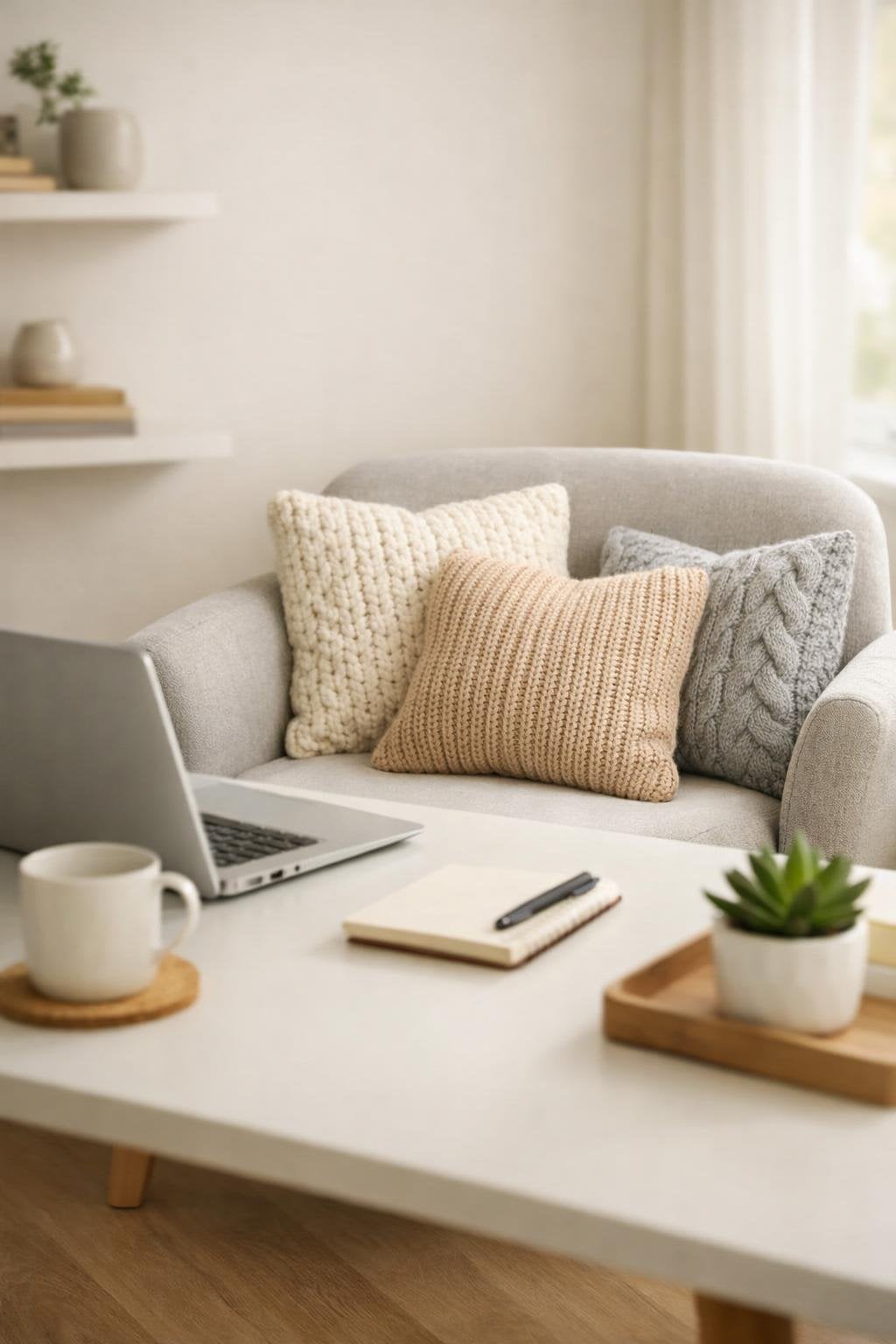 Cozy Minimalist Office Decor Idea 1 knit throw pillows