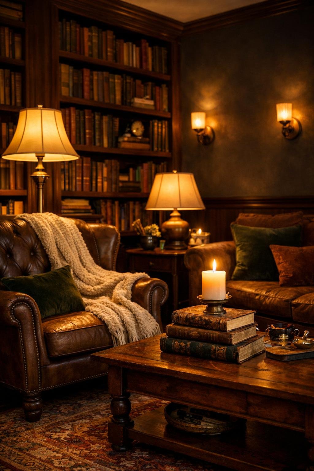 Dark Academia Living Room Decor Idea 5 Layered Warm Lighting