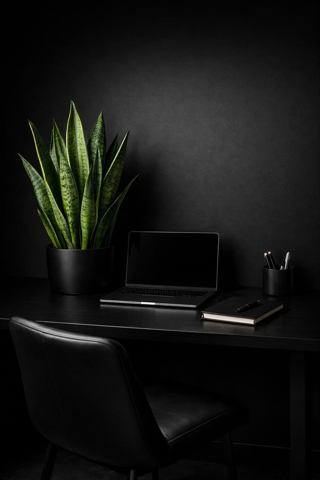 Dark Black Minimalist Office Decor Idea 7 deep green snake plant