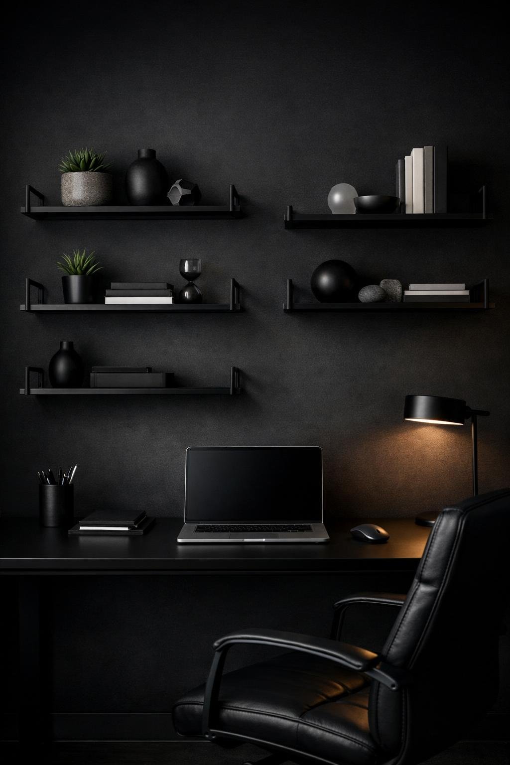 Dark Black Minimalist Office Decor Idea 9 black metal floating shelves