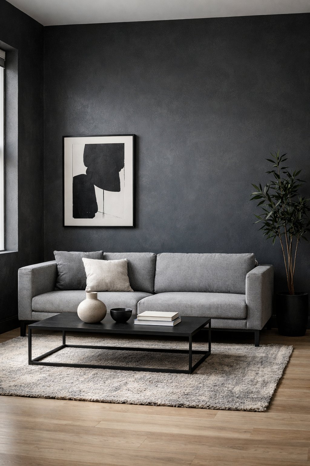 Dark Moody Minimalist Living Room Decor Idea 1 Charcoal Walls