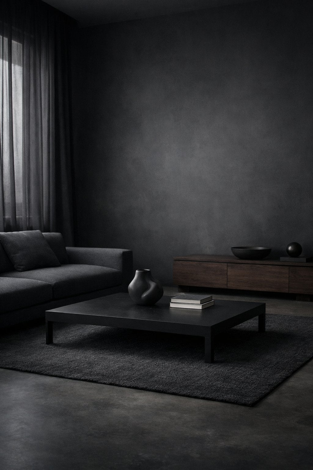 Dark Moody Minimalist Living Room Decor Idea 2 Low Streamlined Furniture