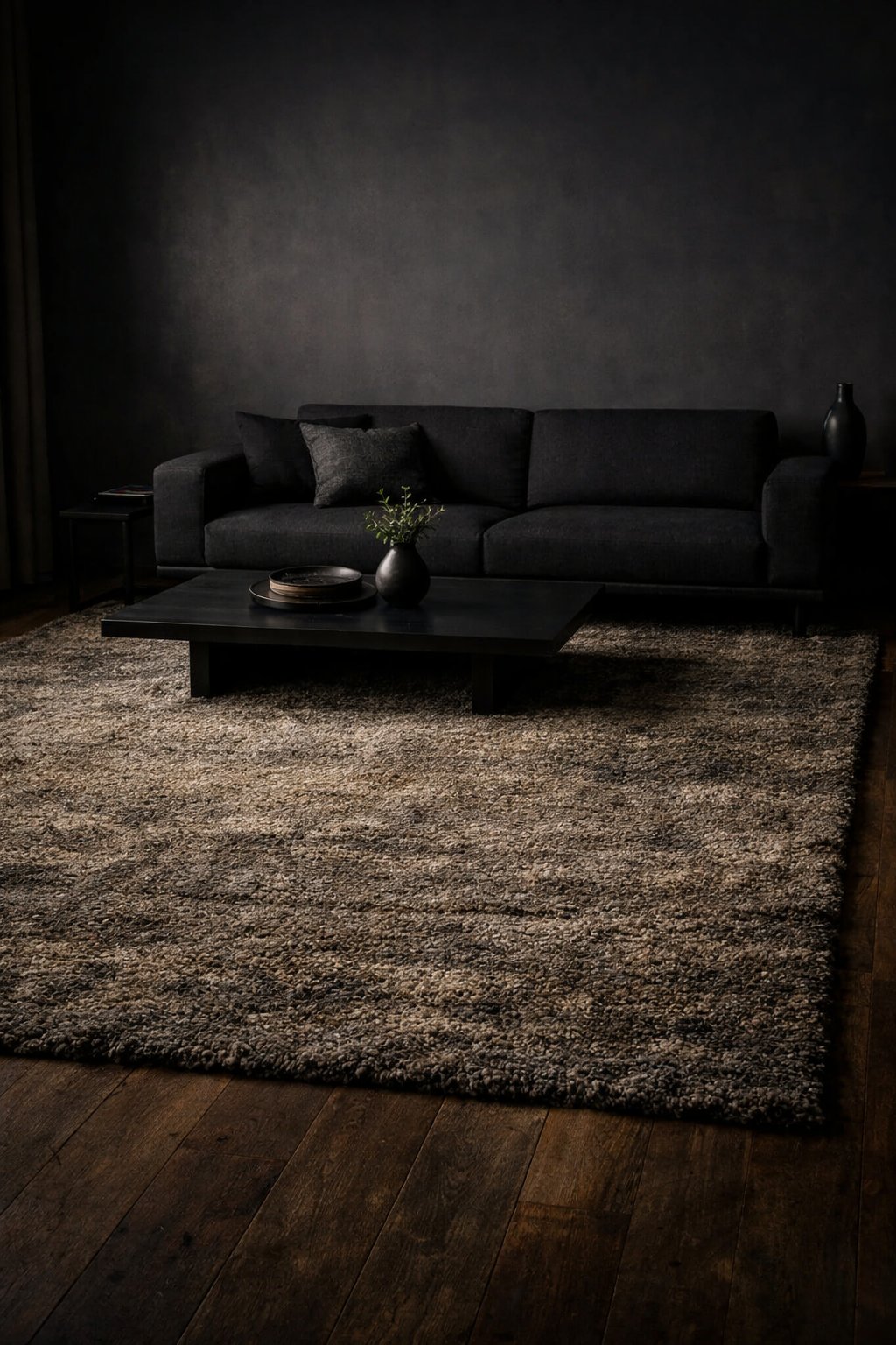 Dark Moody Minimalist Living Room Decor Idea 3 Oversized Textured Rug