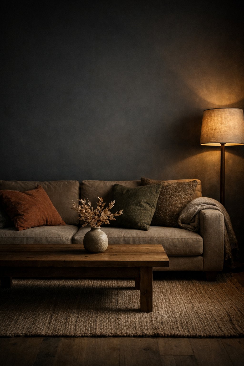 Dark Moody Minimalist Living Room Decor Idea 8 Soft Earthy Textiles