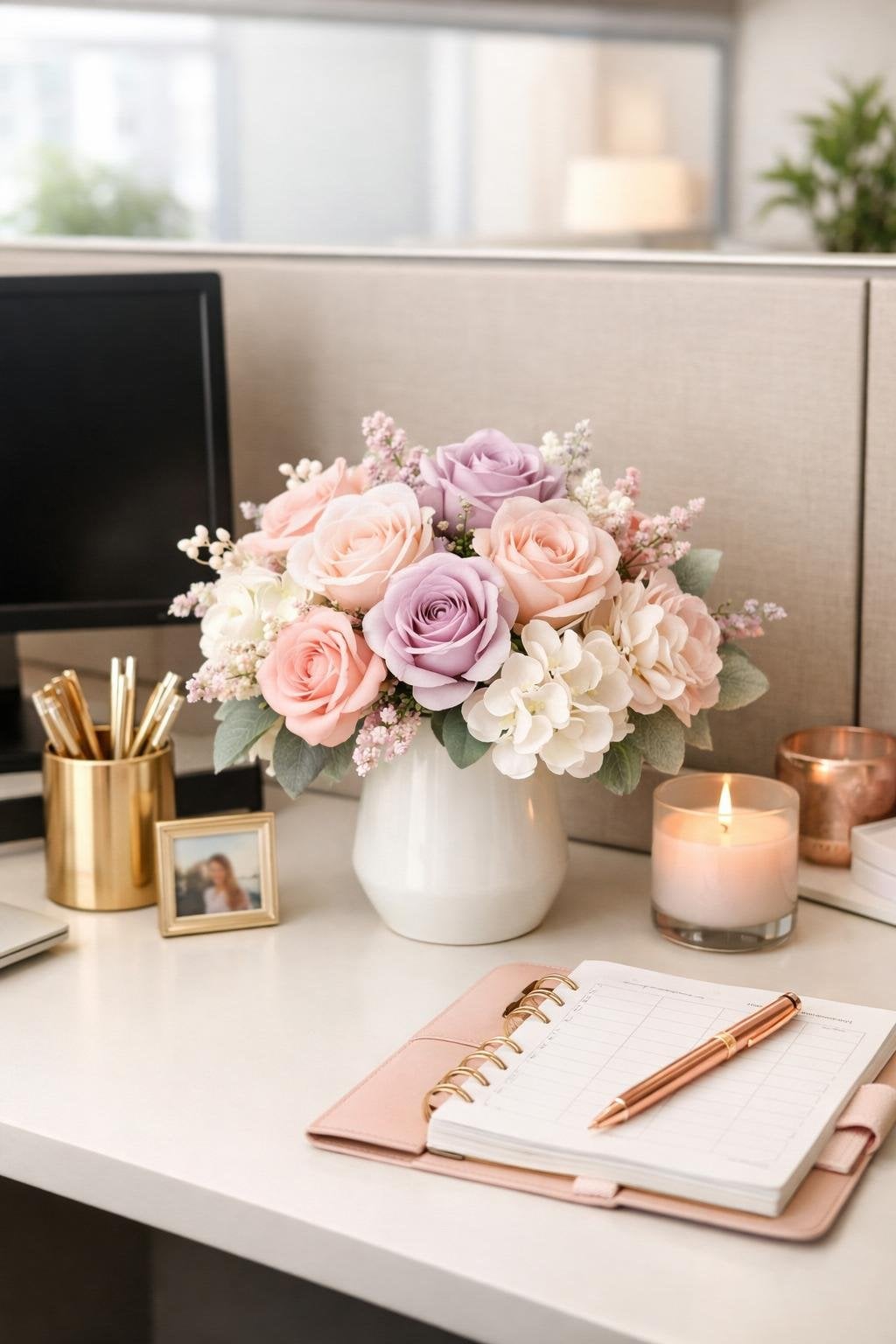 Feminine Office Cubicle Decor Ideas 5 Faux Floral Arrangement