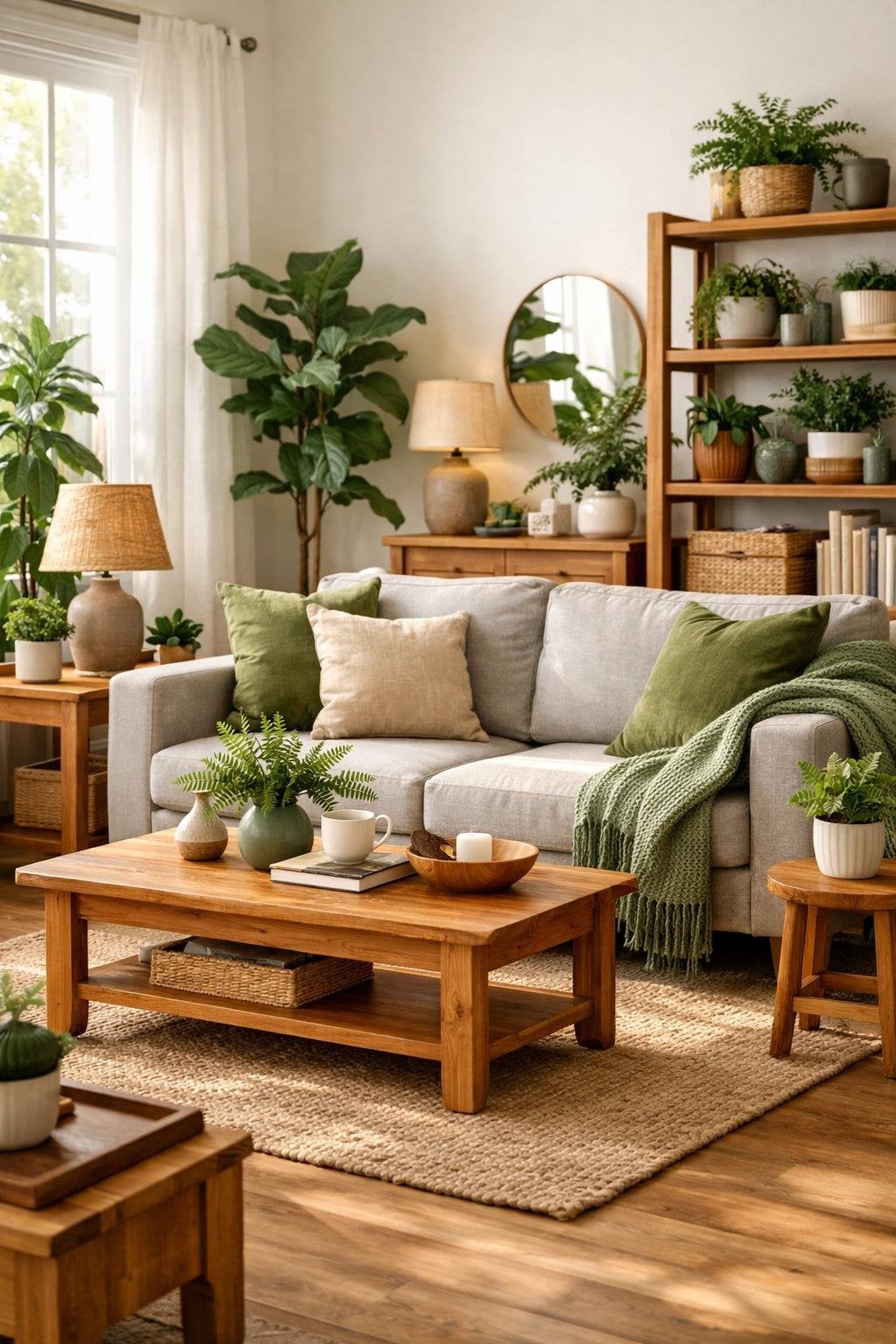Green Boho Living Room Decor Idea 2 Natural Wood Green Details