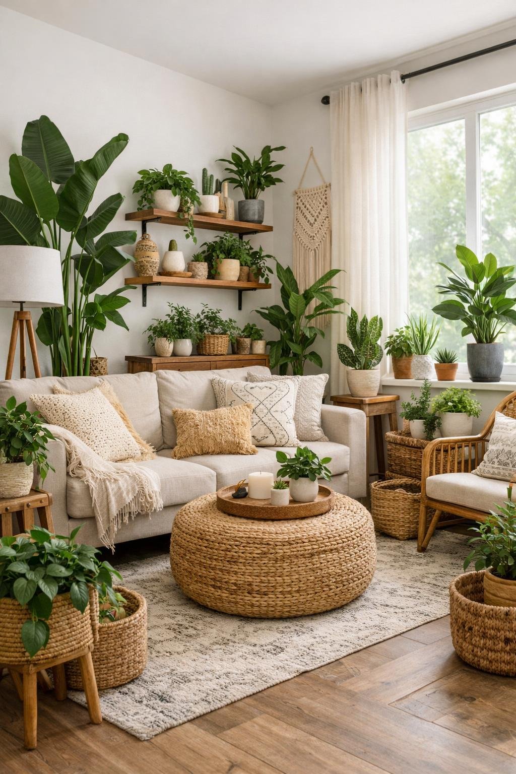 Green Boho Living Room Decor Idea 3 Plants in Different Heights