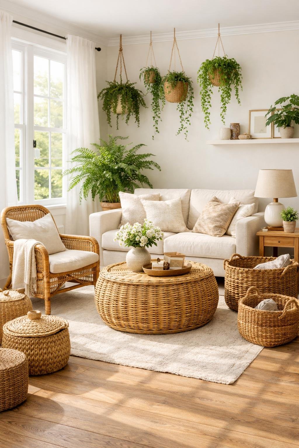 Green Boho Living Room Decor Idea 4 Rattan Woven Pieces