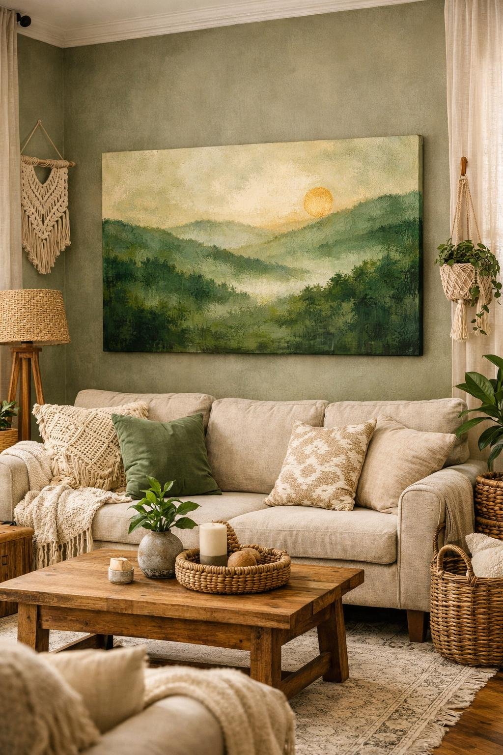 Green Boho Living Room Decor Idea 5 Earthy Green Wall Art