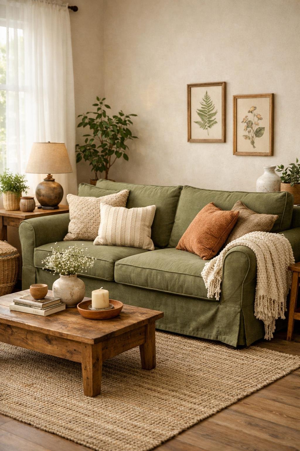 Green Cottagecore Living Room Decor Idea 3 Olive Green Slipcovered Sofa