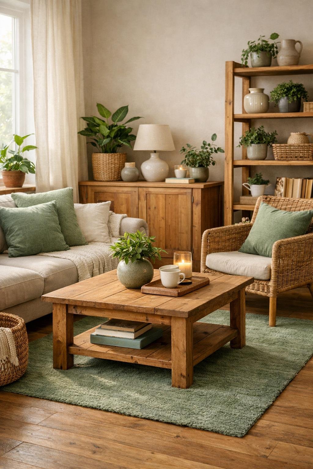 Green Cottagecore Living Room Decor Idea Wood Green Color Pairing
