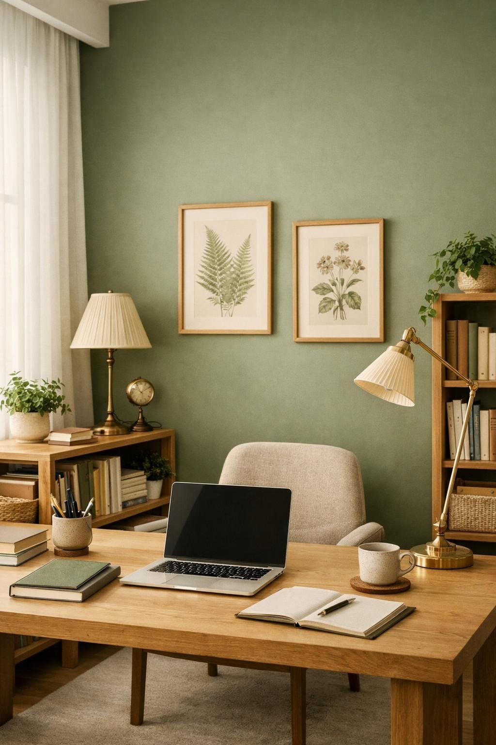 Light Academia Office Green Decor Idea 1 Olive Green Accent Wall