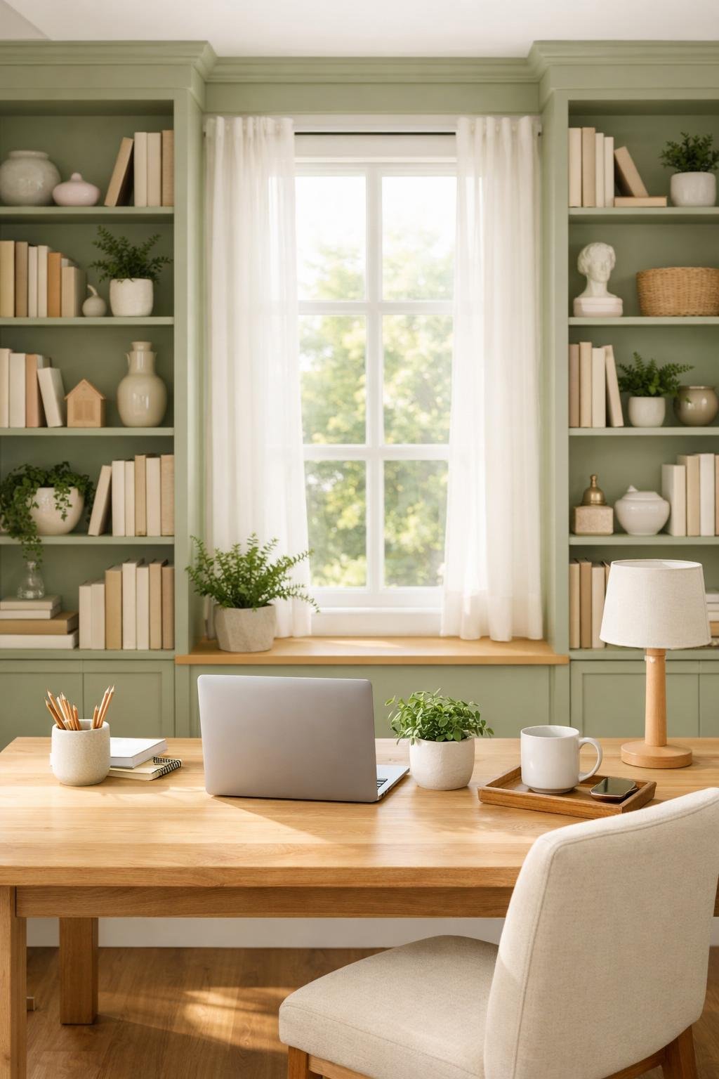 Light Academia Office Green Decor Idea 2 Sage Green Built Ins