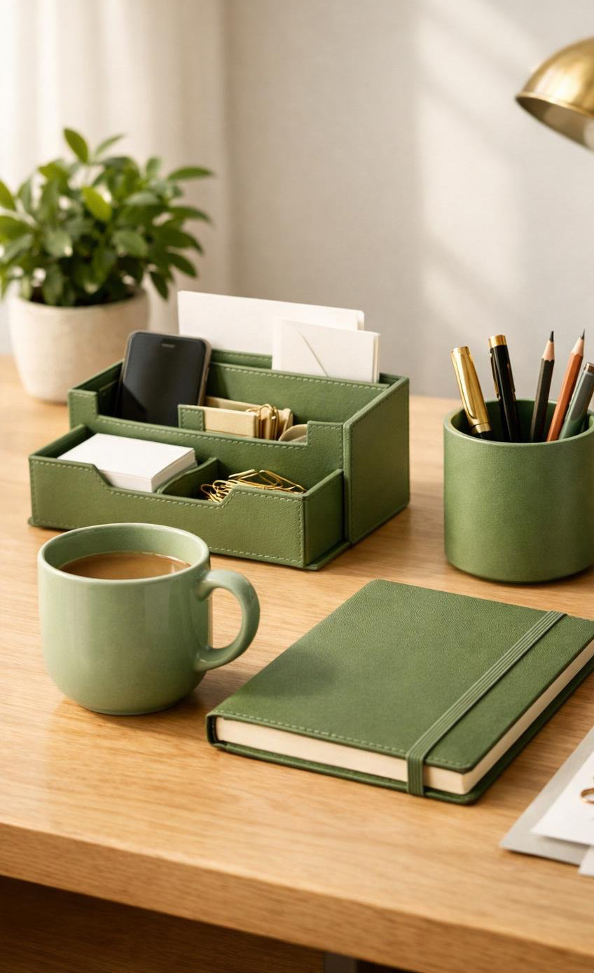 Light Academia Office Green Decor Idea 5 Moss Green Desk Accessories