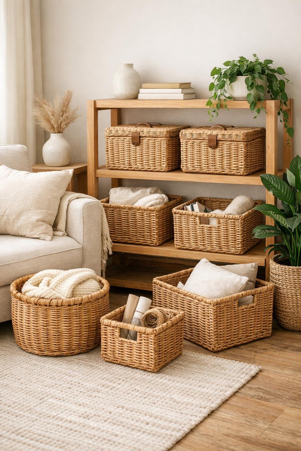 Light Cottagecore Living Room Decor Idea 7 Woven Baskets for Storage