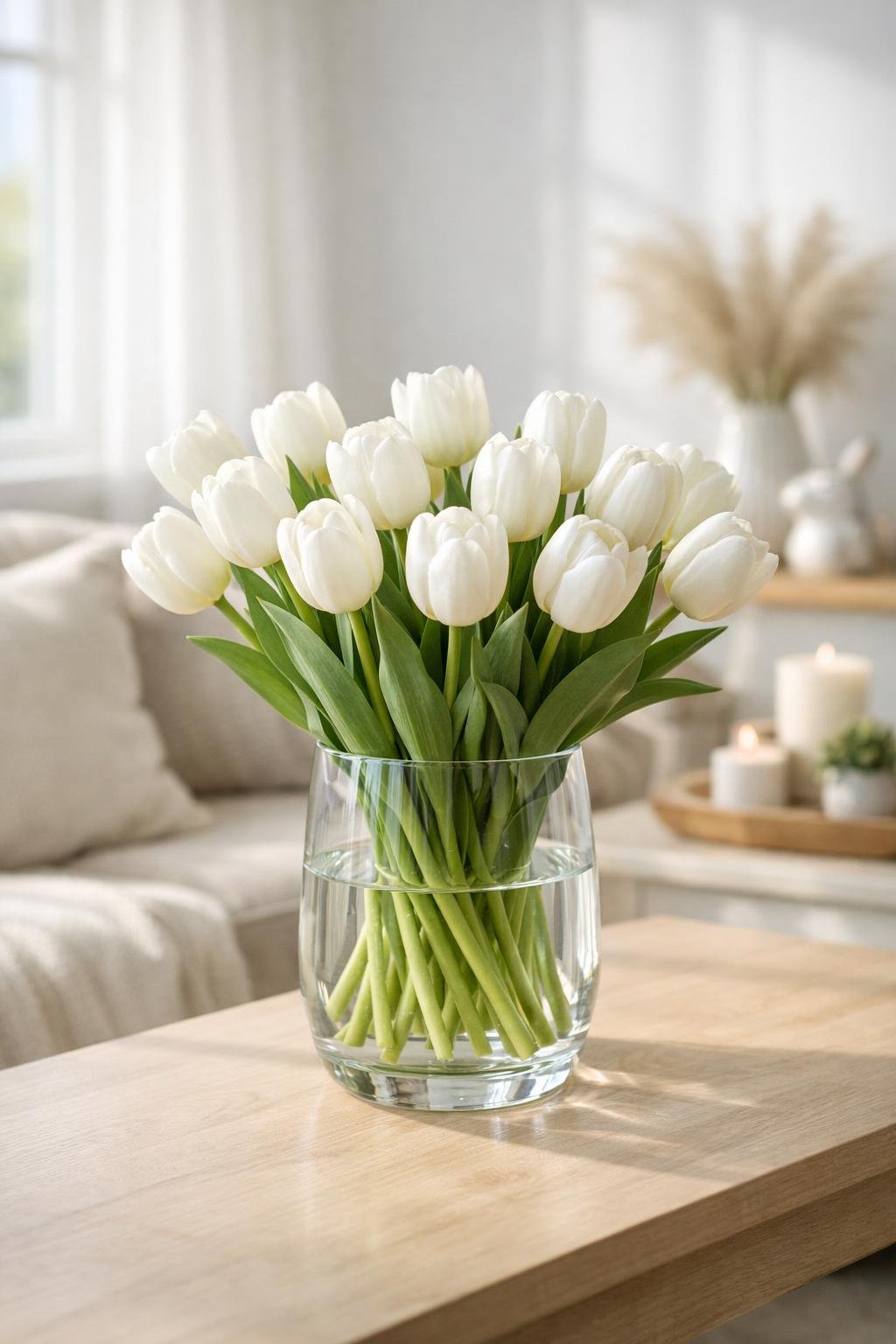 Light Neutral Spring Living Room Refresh Idea 4 white tulips in a glass vase