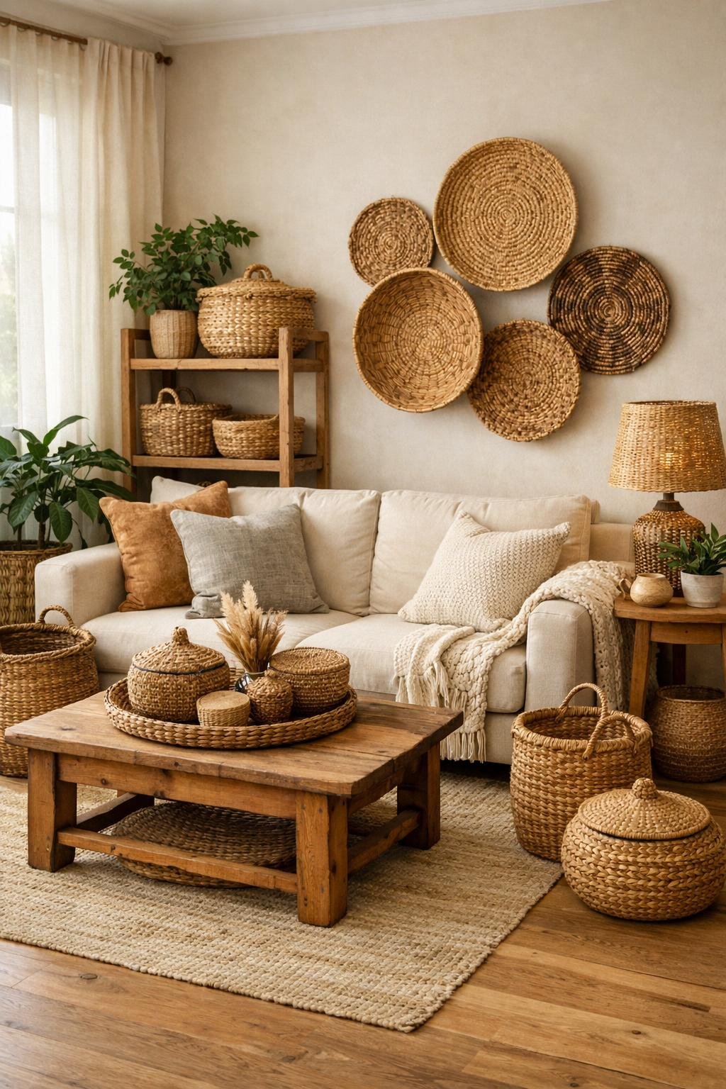 Natural Materials Warm Cozy Living Room Decor Idea 3 woven pieces