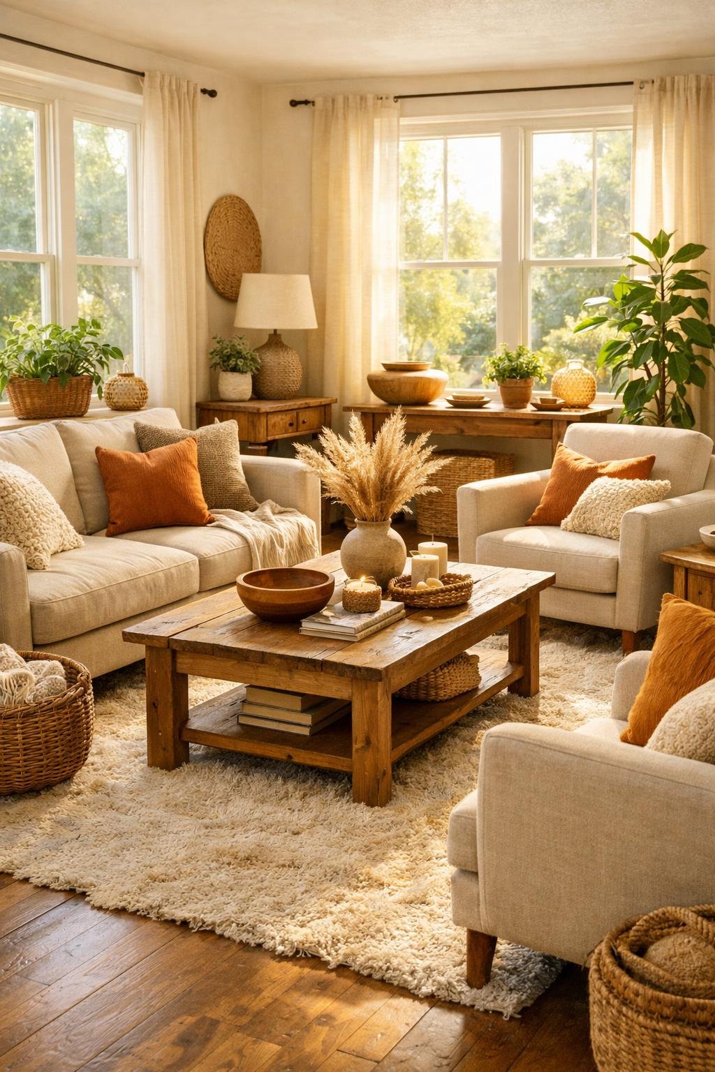 Natural Materials Warm Cozy Living Room Decor Idea 7 upholstery in natural fabrics
