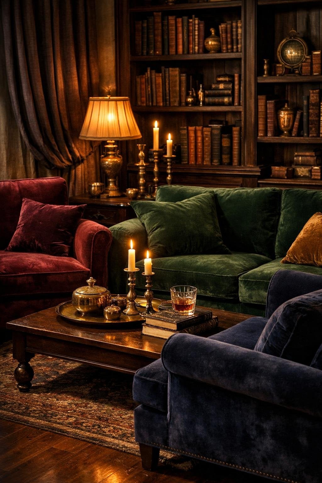 Vintage Dark Academia Living Room Decor Idea 3 Moody Velvet Seating