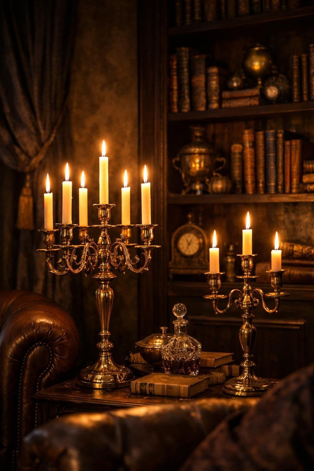 Vintage Dark Academia Living Room Decor Idea 4 Brass Candelabras