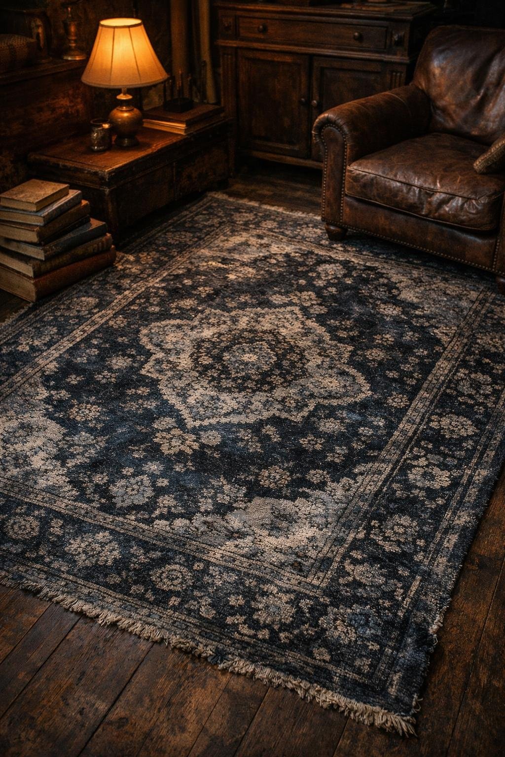 Vintage Dark Academia Living Room Decor Idea 5 Distressed Persian Rug