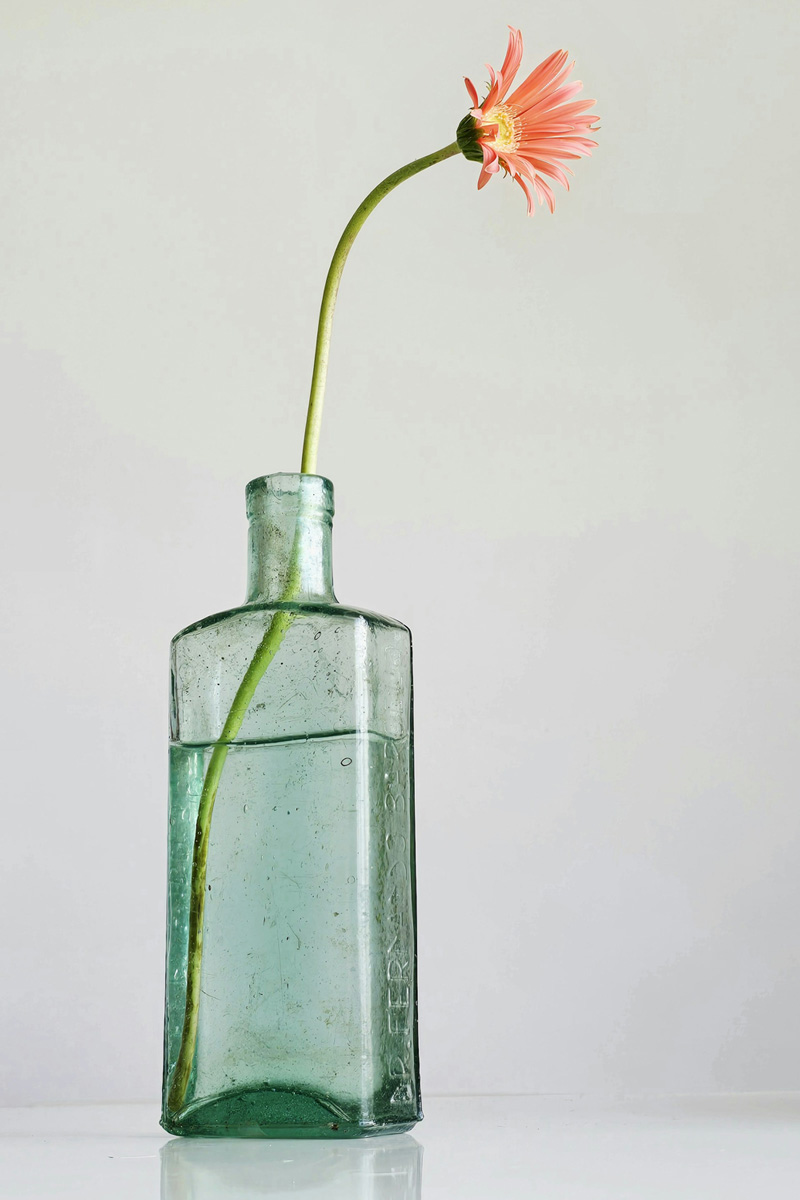 green glass bottle with pink flower