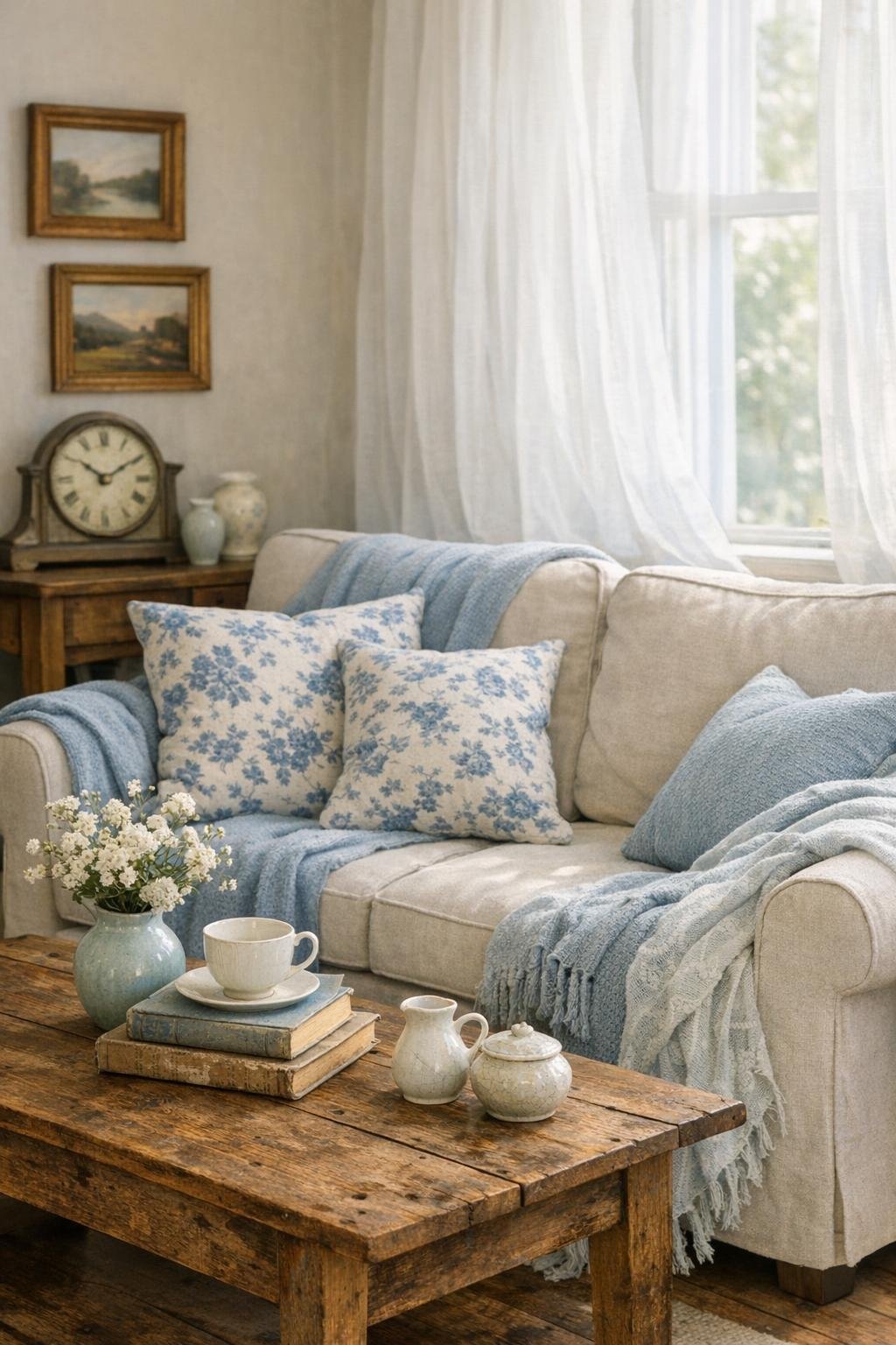 Blue Cottagecore Living Room Decor Idea 1 Soft Blue Textiles