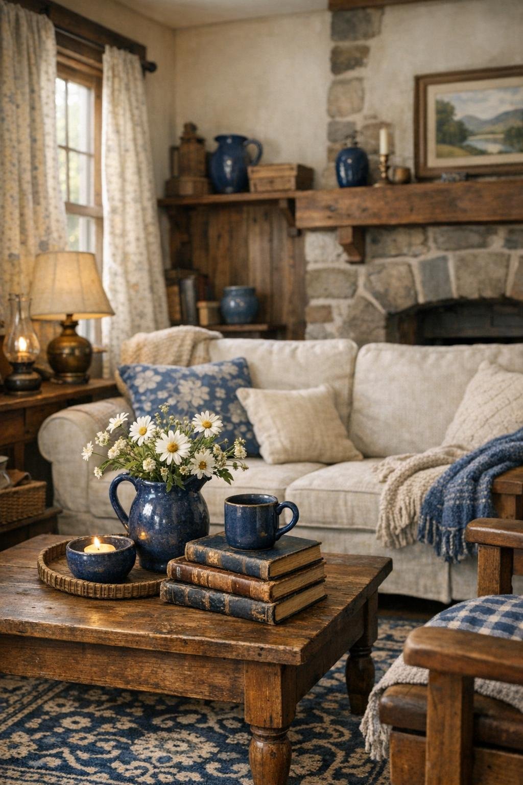 Blue Cottagecore Living Room Decor Idea 3 Dark Blue Details