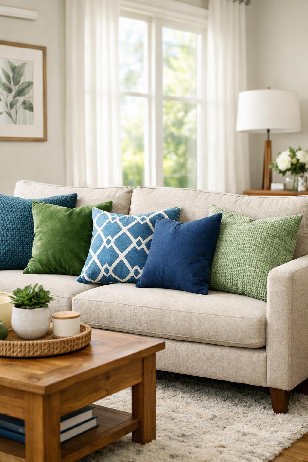 Blue and Green Living Room Decor Idea 6 Throw Pillows
