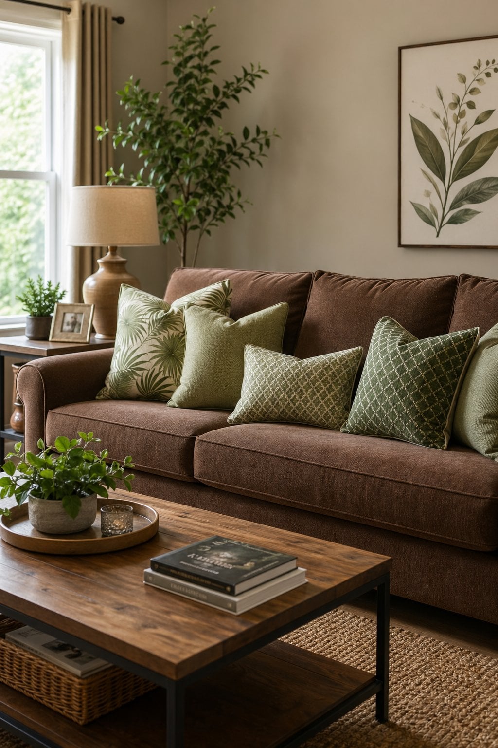 Brown and Green Living Room Decor Idea 5 Green Patterned Pillows Brown Sofa
