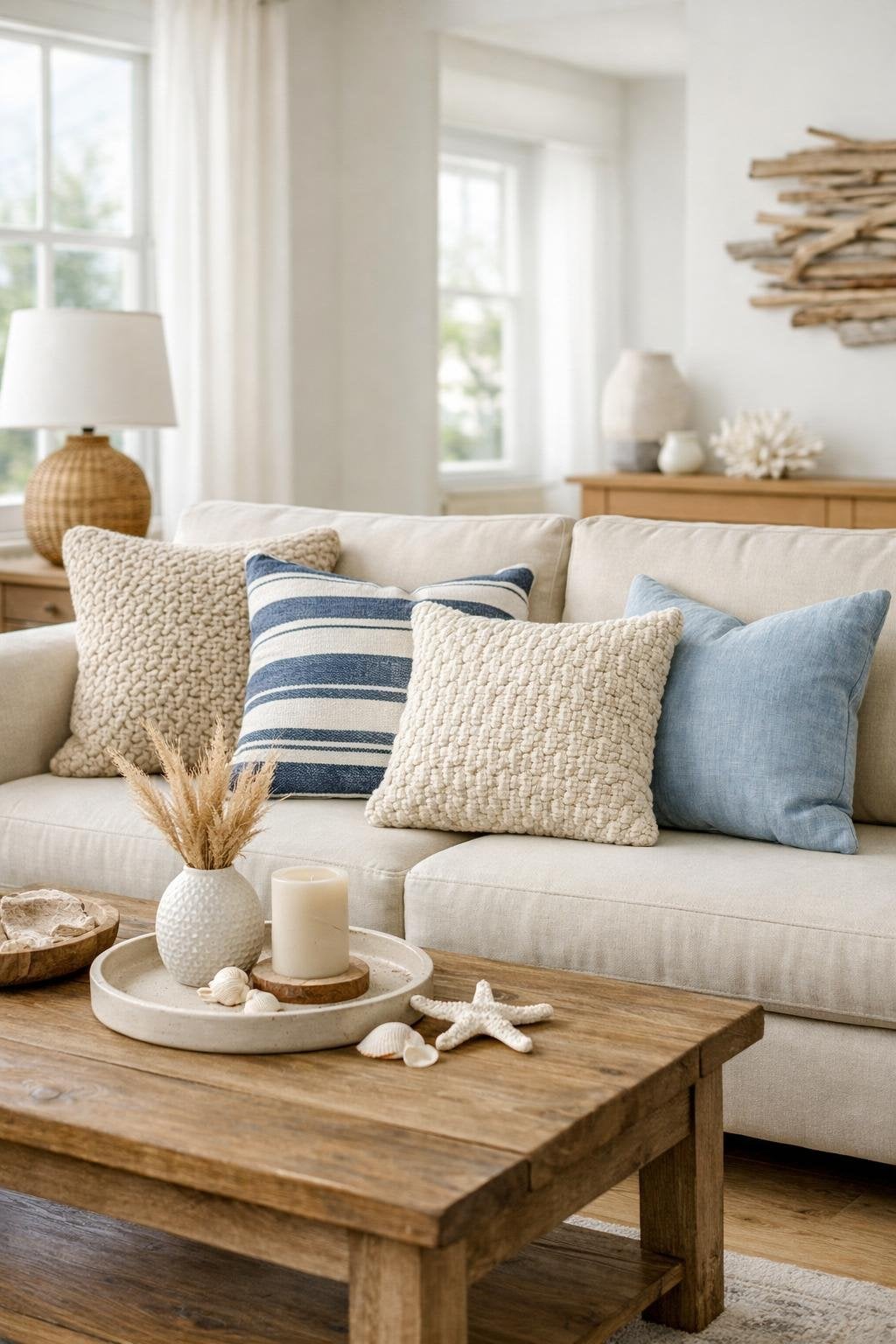 Coastal Chic Hamptons Style Living Room Decor Idea 5 Striped Textured Throw Pillows