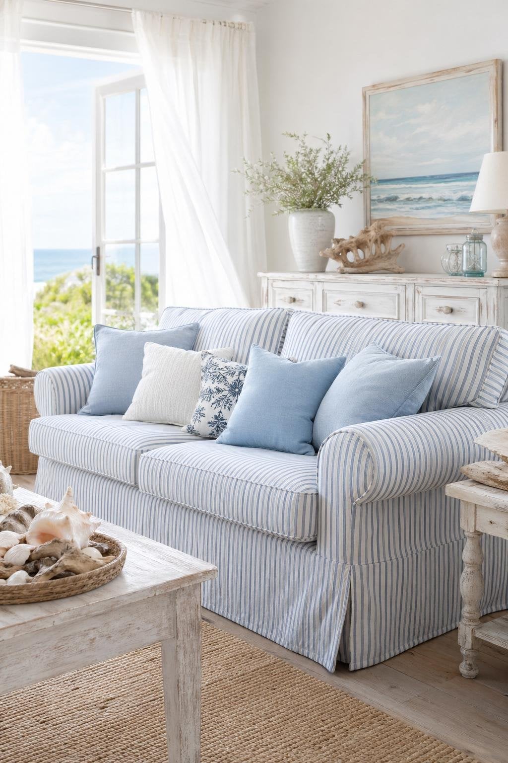 Coastal Shabby Chic Living Room Decor Idea 2 Blue and White Striped Sofa