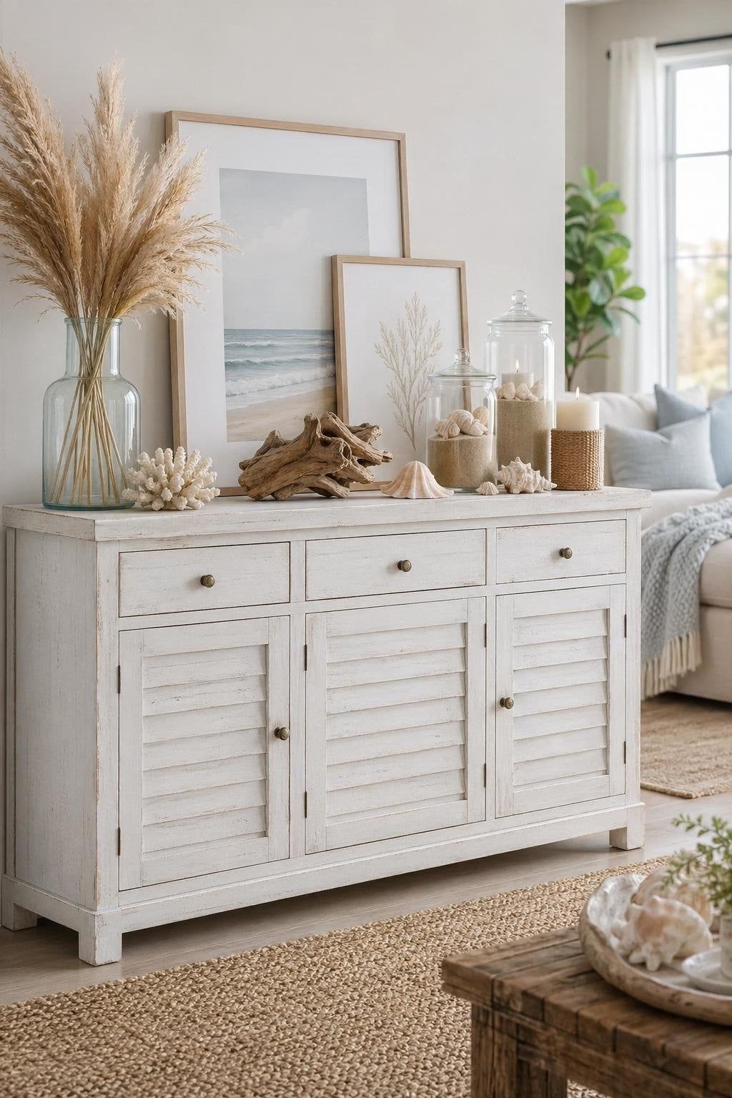 Coastal Shabby Chic Living Room Decor Idea 5 Chippy White Sideboard