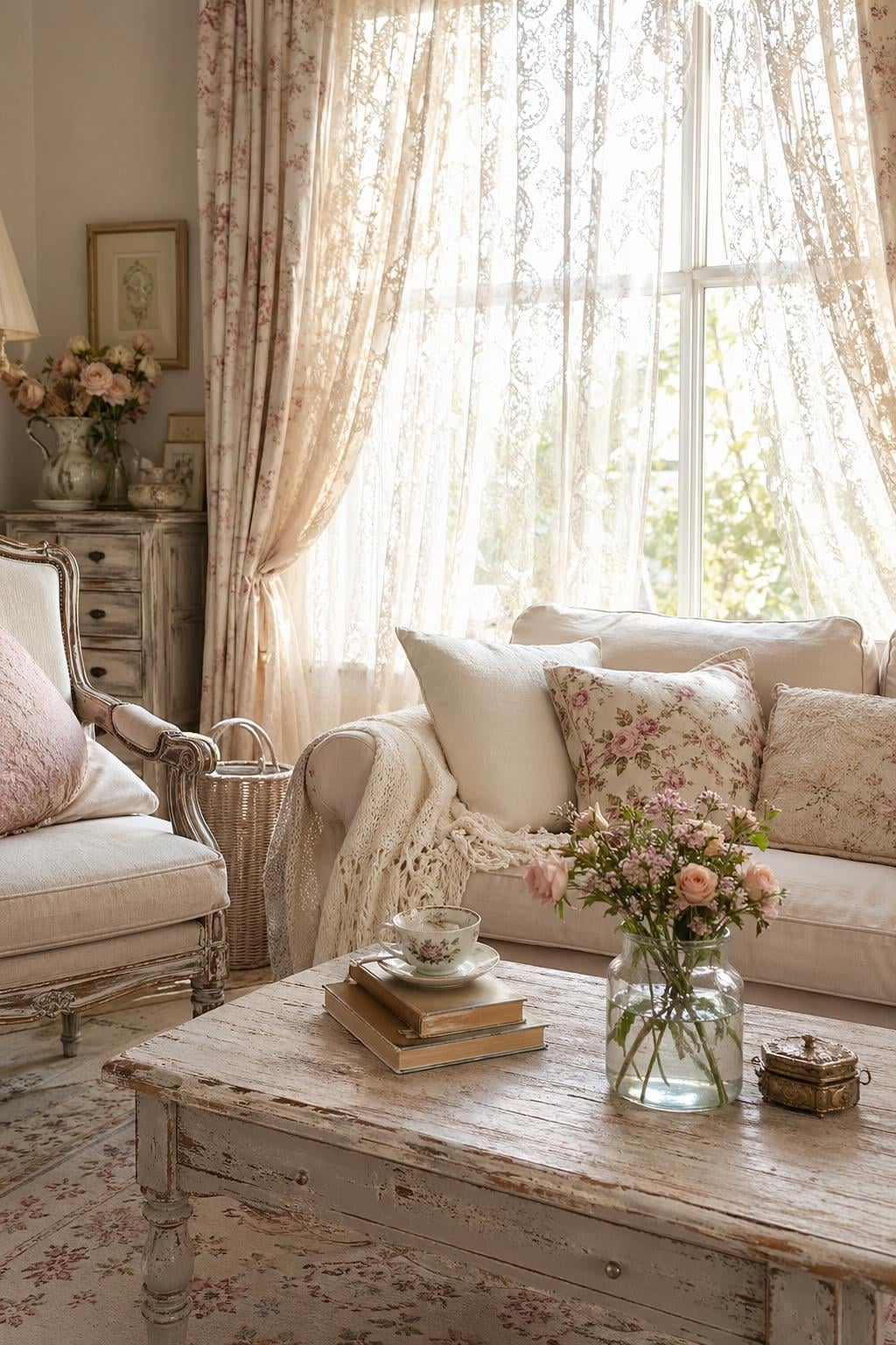 Cozy Vintage Shabby Chic Living Room Decor Idea 4 Lace Curtains