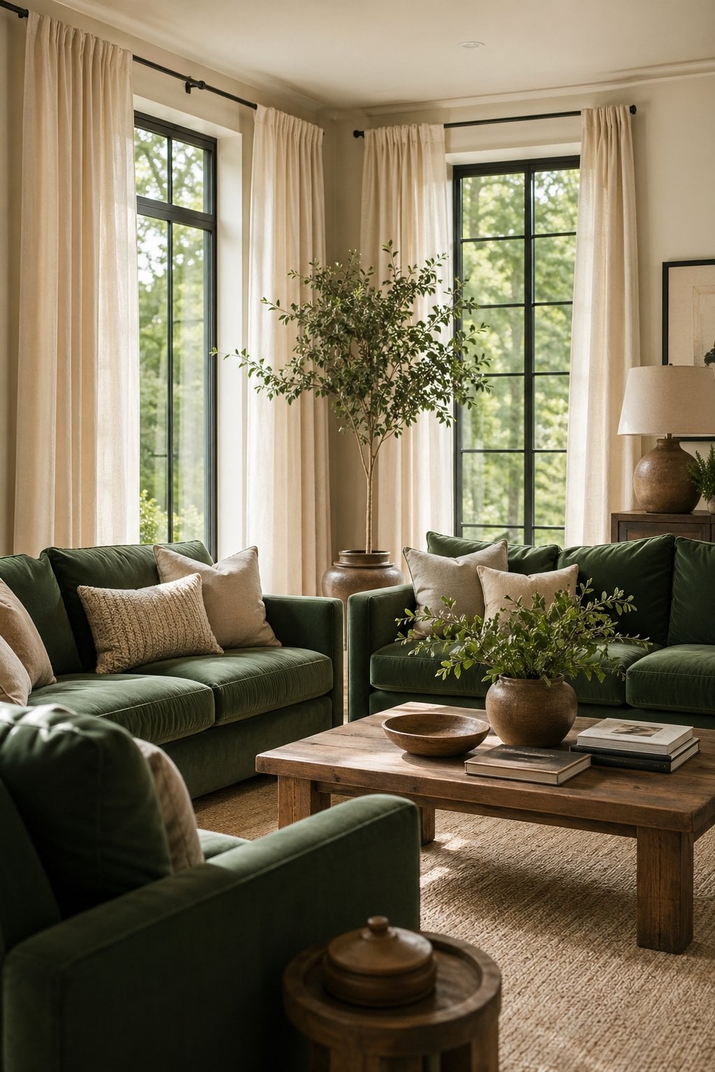 Forest Green Living Room Decor Idea 2 Oatmeal Curtains