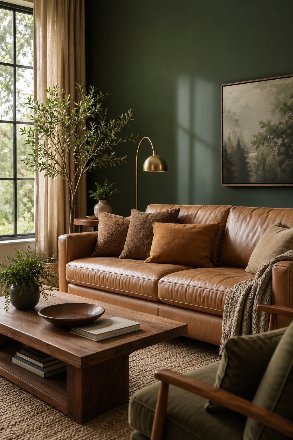 Forest Green Living Room Decor Idea 4 Leather Couch