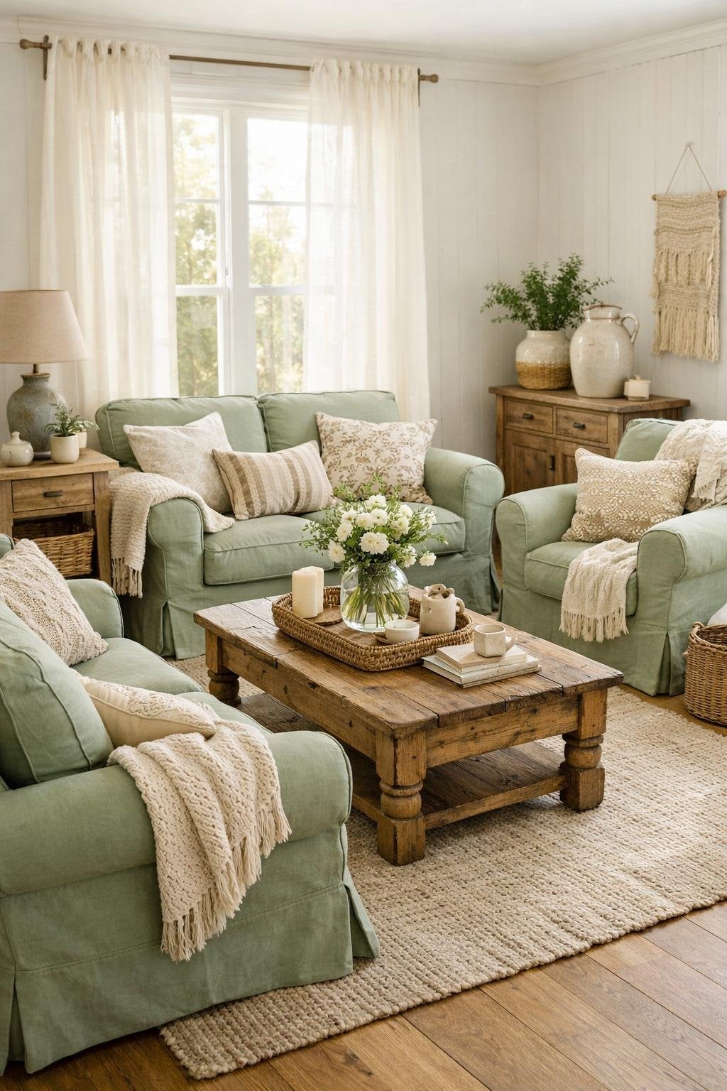 Green Shabby Chic Living Room Decor Idea 1 Sage Slipcovers