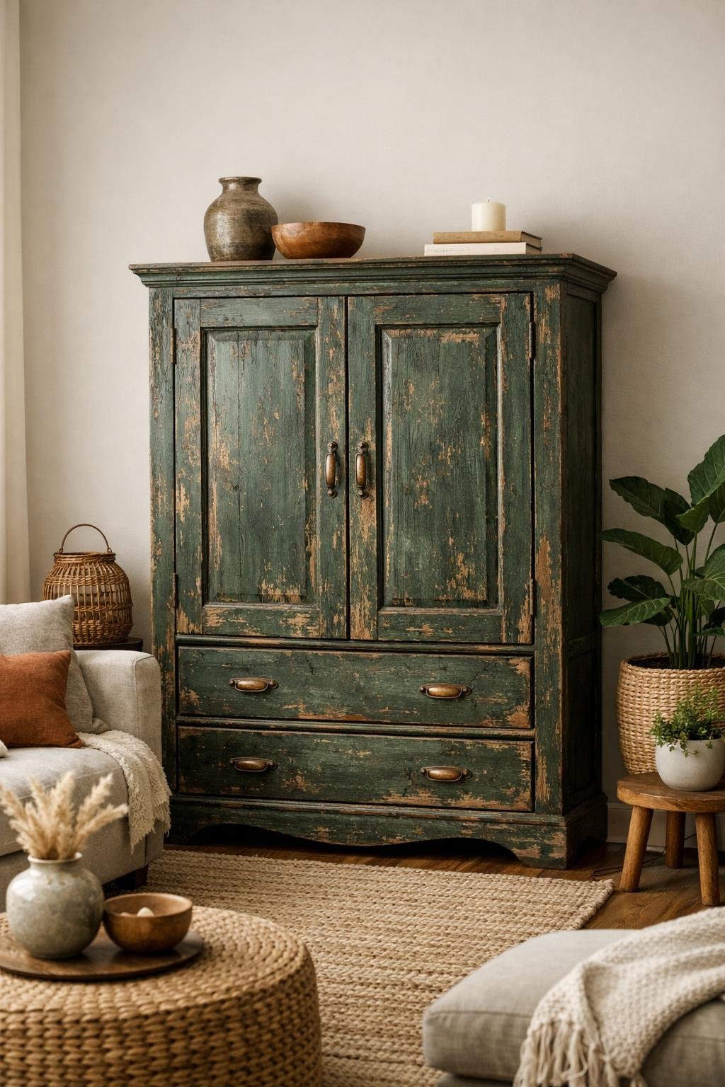 Green Shabby Chic Living Room Decor Idea 2 Dark Green Cabinet