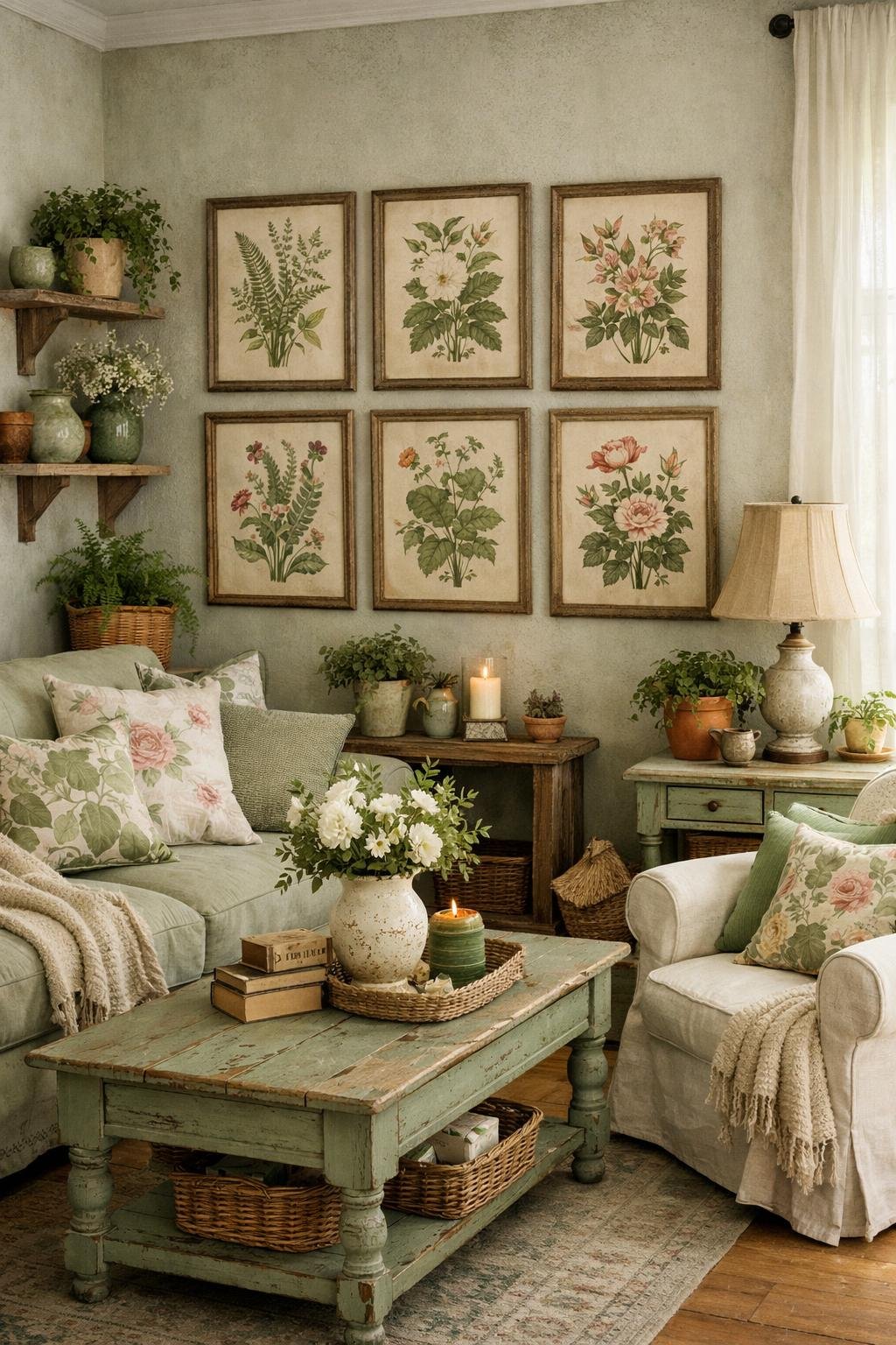 Green Shabby Chic Living Room Decor Idea 5 Vintage Botanical Art