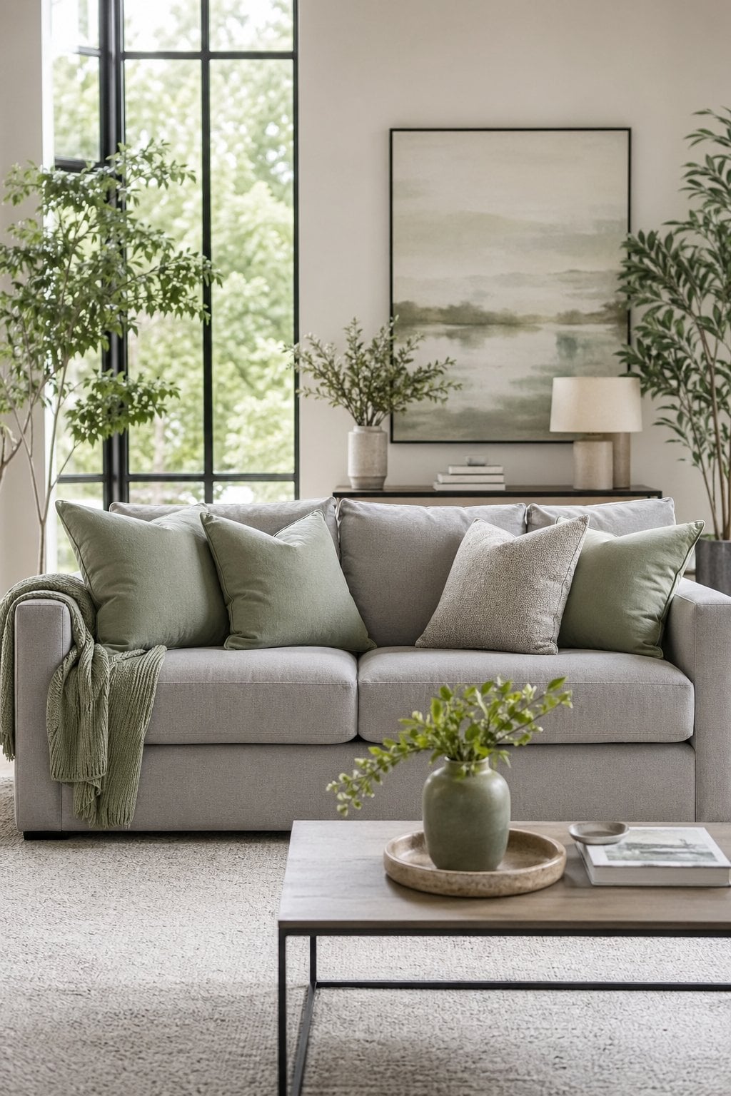 Grey and Green Living Room Decor Idea 1 Soft Grey Sofa Sage Green Pillows