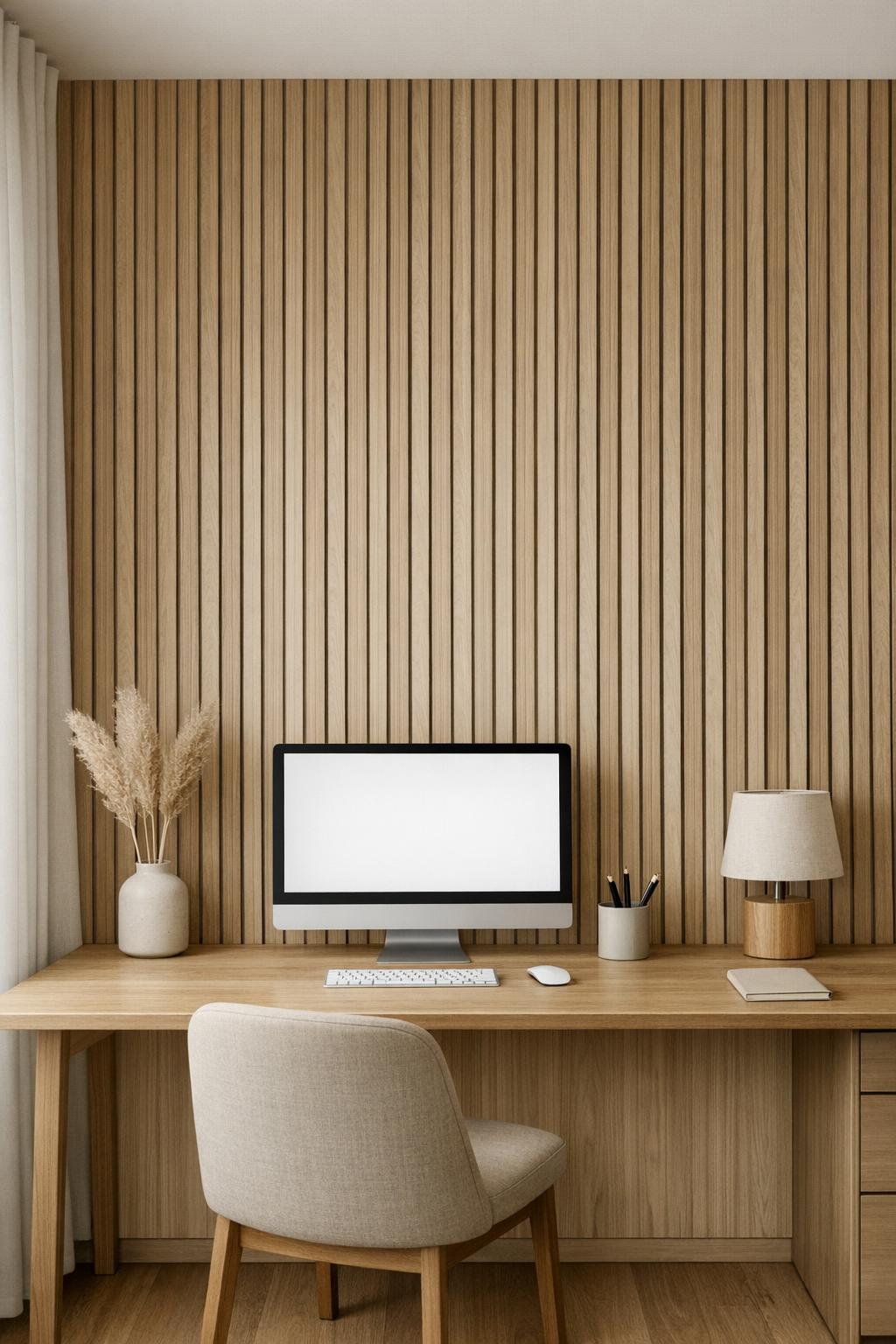 Minimalist Office Accent Wall Idea 3 Thin Vertical Wood Slats