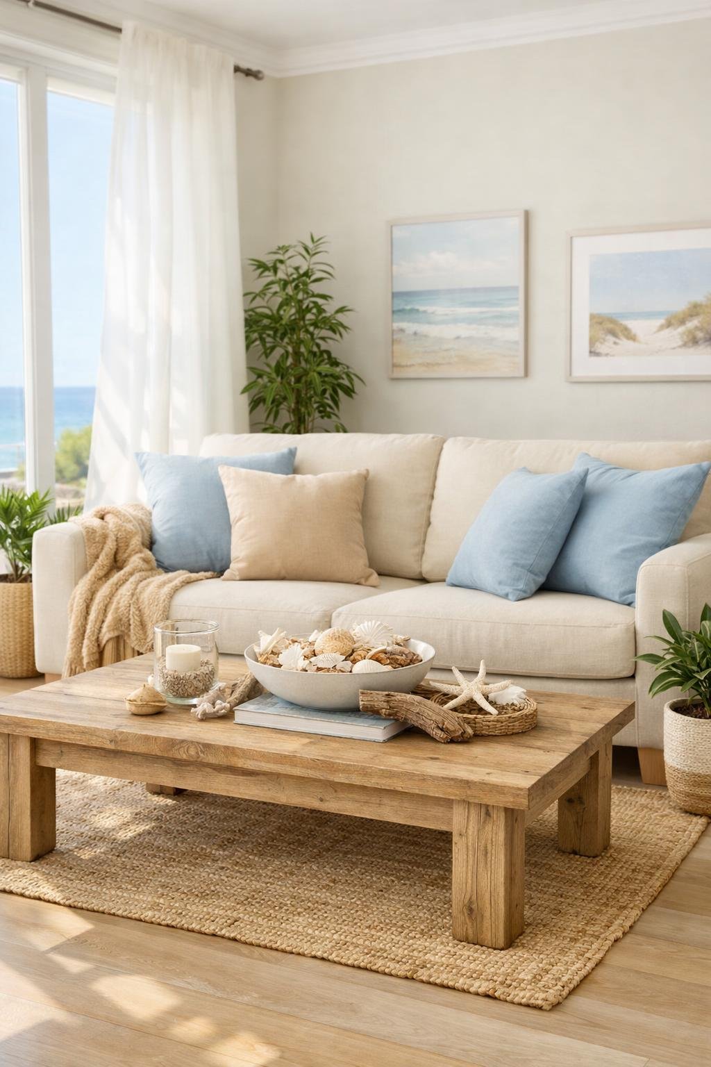 Modern Coastal Living Room Decor Idea 1 light blue and sandy beige tones