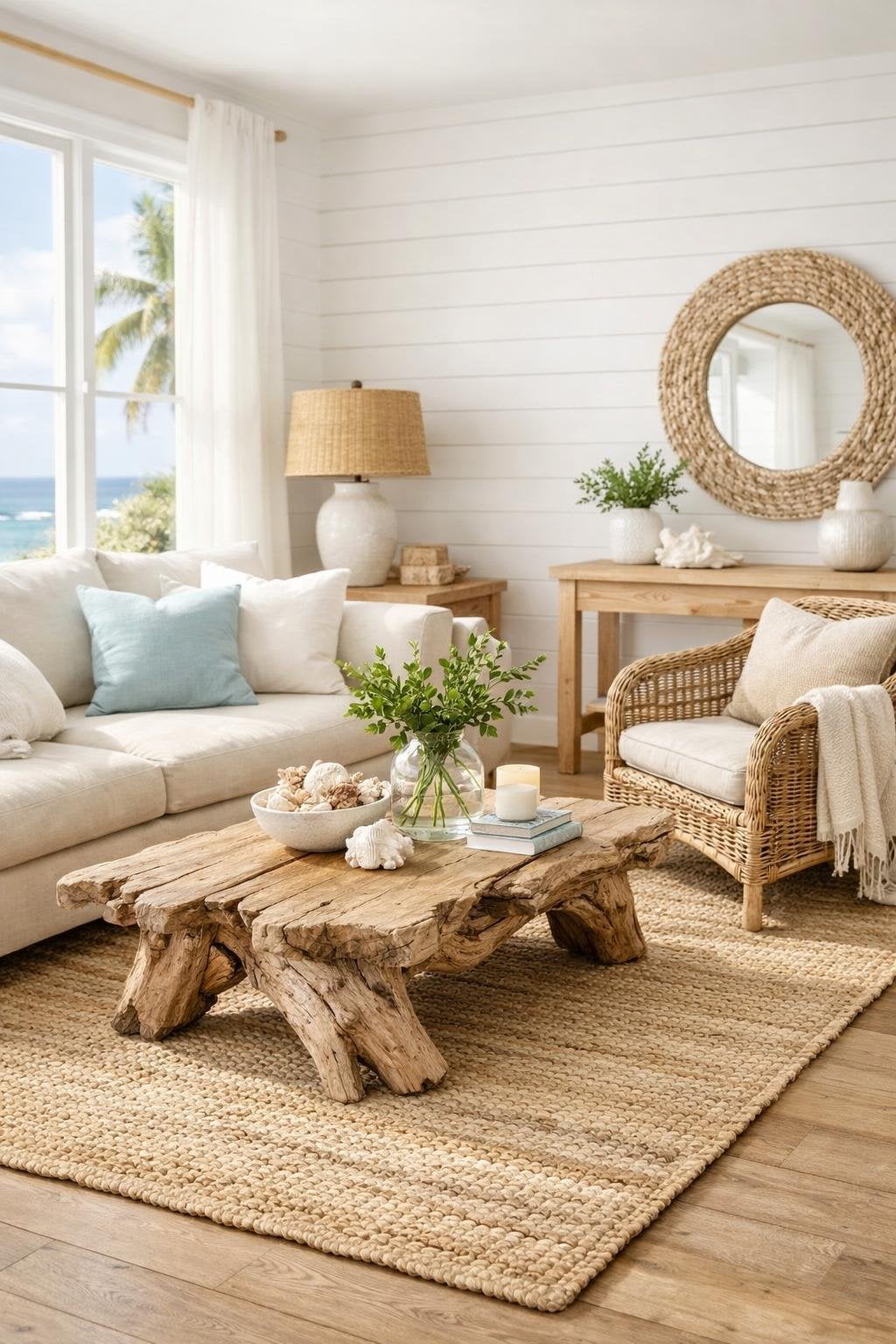 Modern Coastal Living Room Decor Idea 2 Layers of Natural Textures