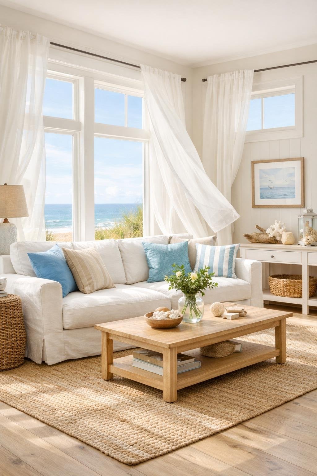 Modern Coastal Living Room Decor Idea 6 Breezy Curtains