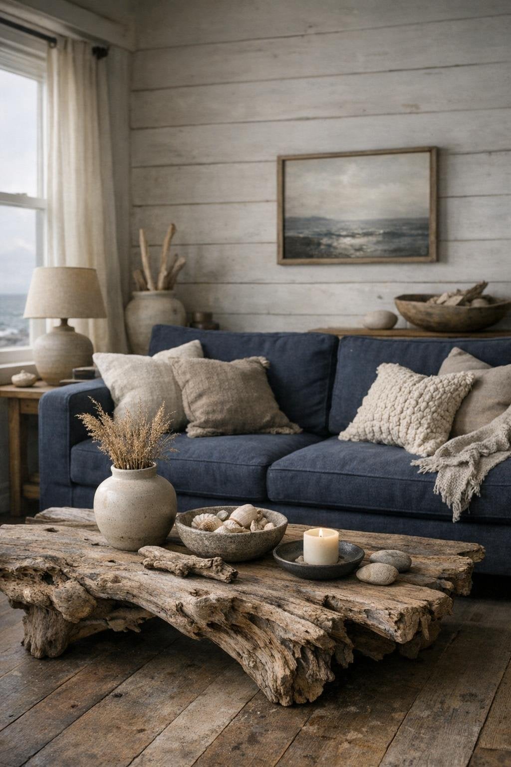 Moody Coastal Living Room Decor Idea 1 Deep Ocean Blues Upholstery
