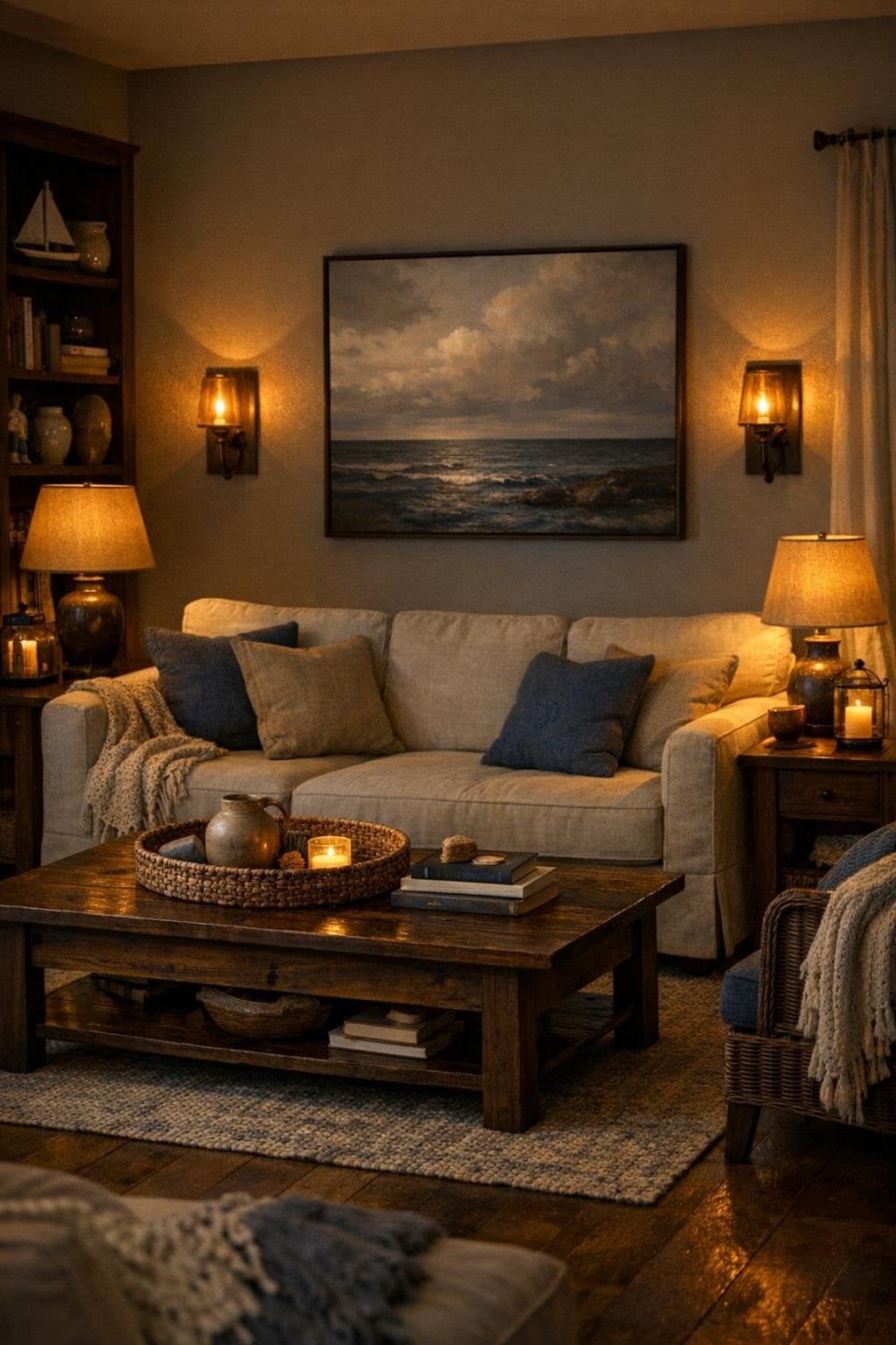 Moody Coastal Living Room Decor Idea 3 Low Warm Lighting