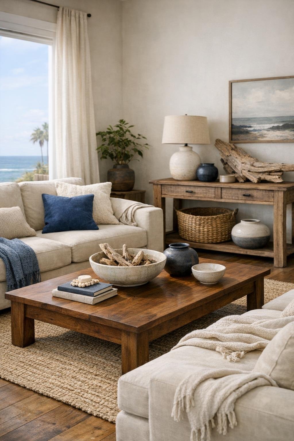 Moody Coastal Living Room Decor Idea 4 Dark Wood Accents