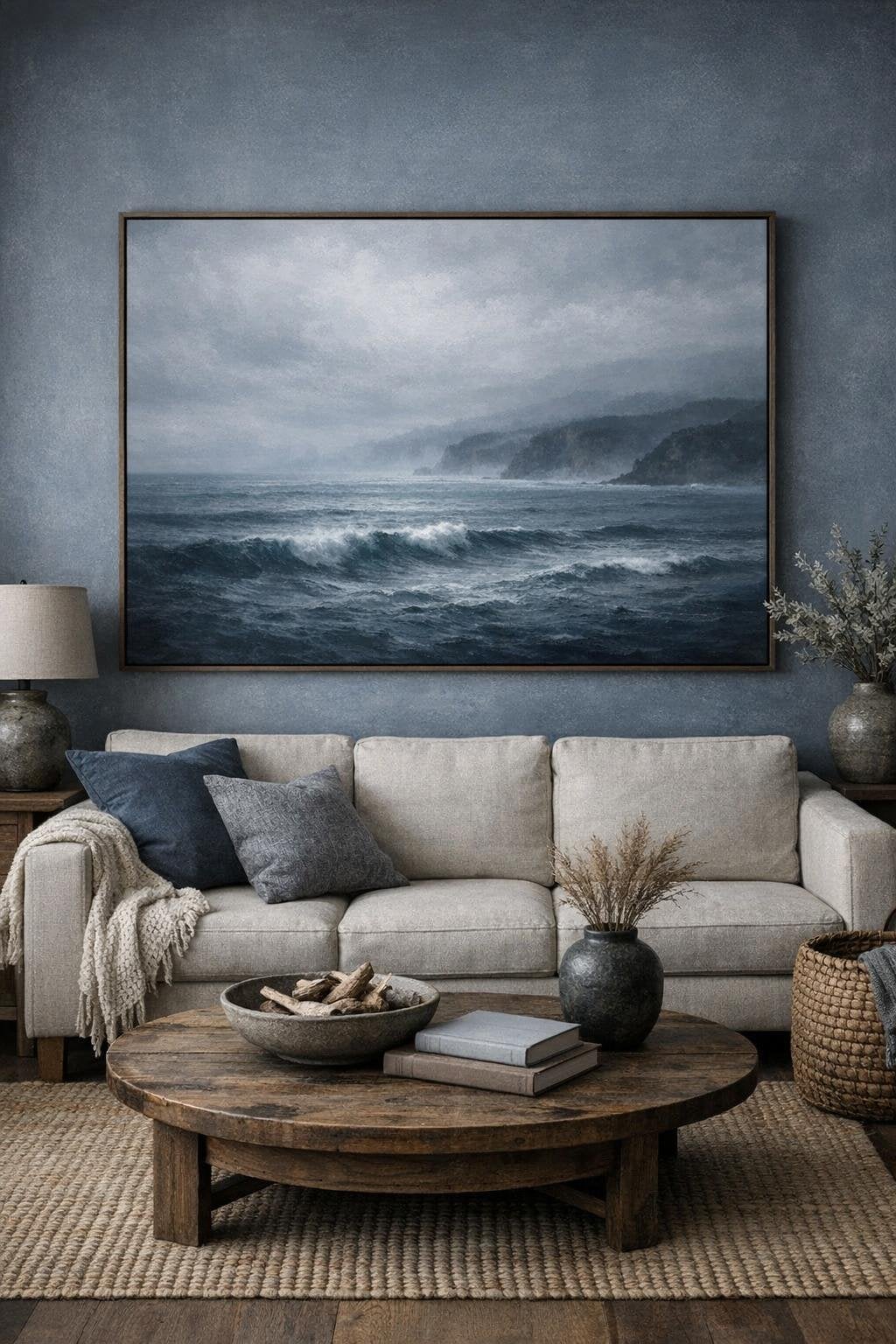 Moody Coastal Living Room Decor Idea 5 Artwork Misty Landscape