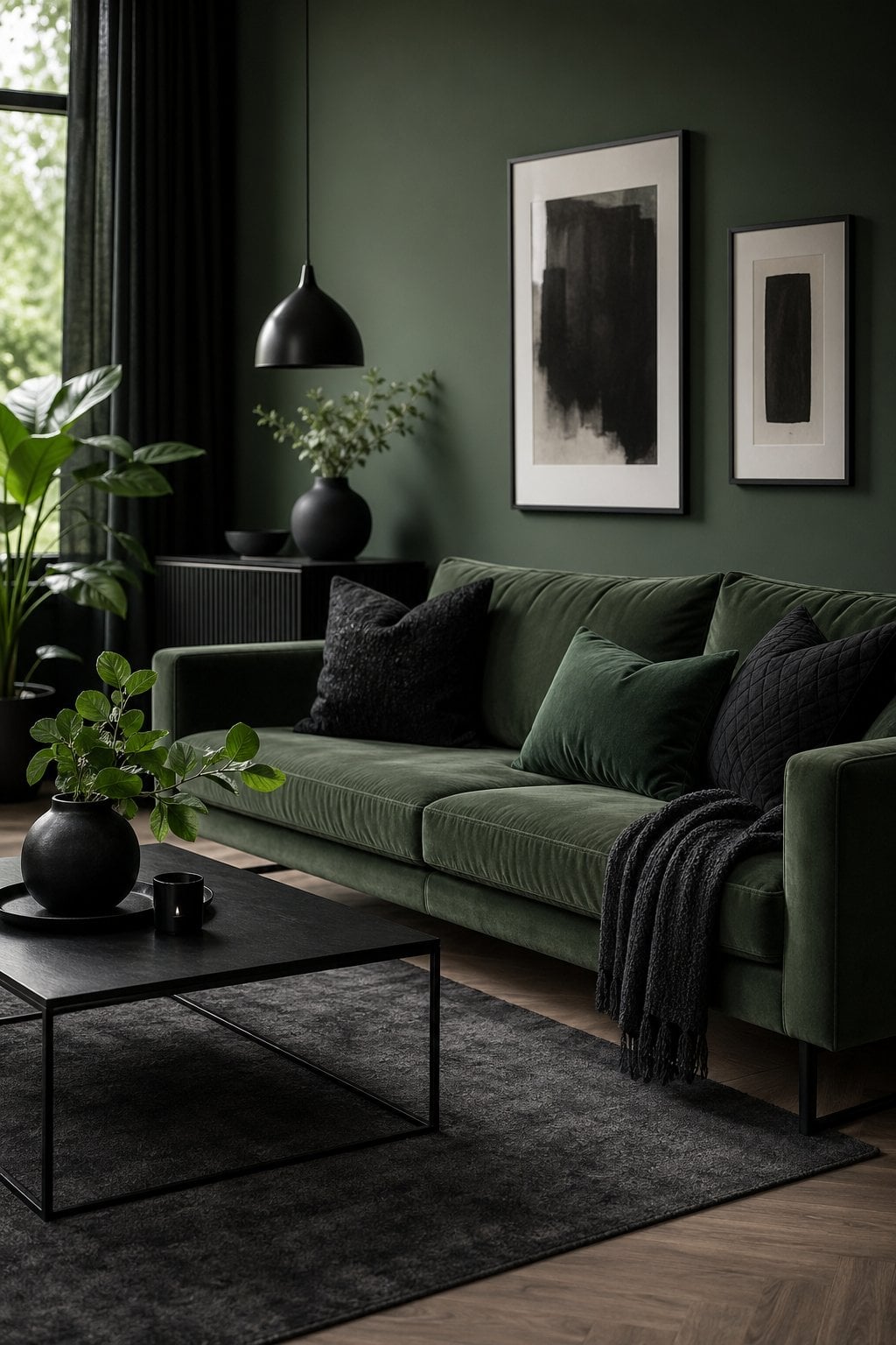 Moody Green Living Room Decor Idea 3 Black Accents