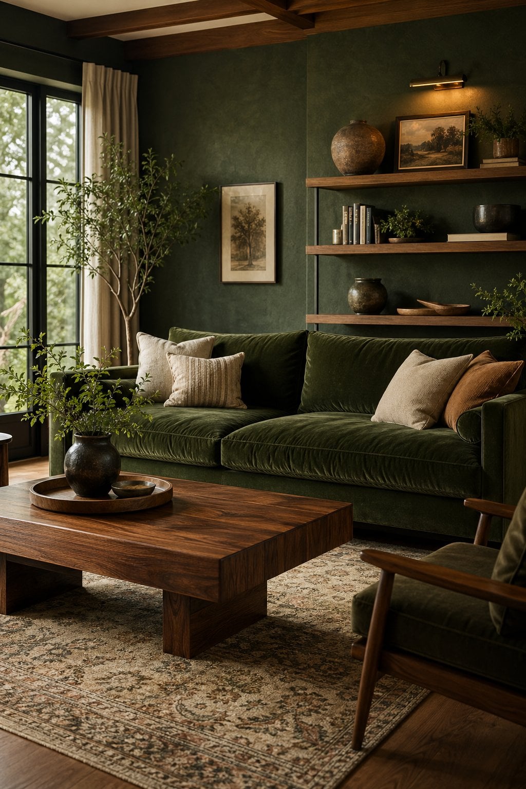 Moody Green Living Room Decor Idea 4 Wood Tones